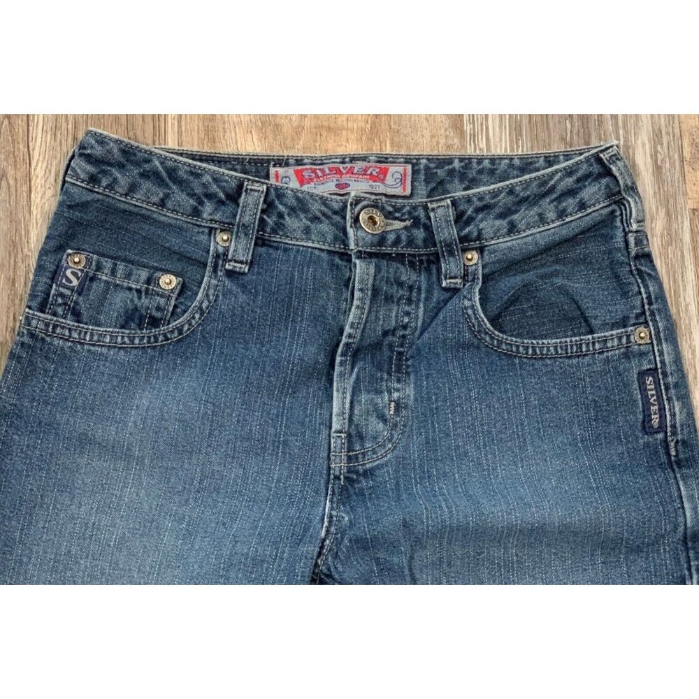 Silver Jeans Flare Pants Womens Size 25/31 Denim Button Fly Mid Rise Blue Cotton - Picture 4 of 15